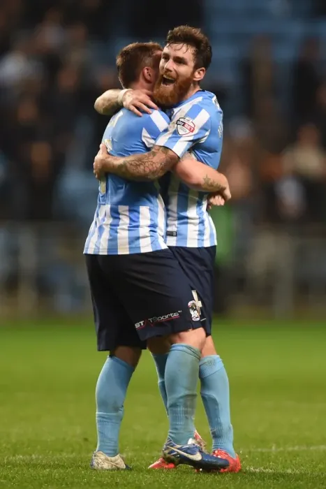 Framed Print : Coventry City Football Club: John Fleck and Romain Vincelot Celebrate Sky Bet League One Victory Over Peterborough United