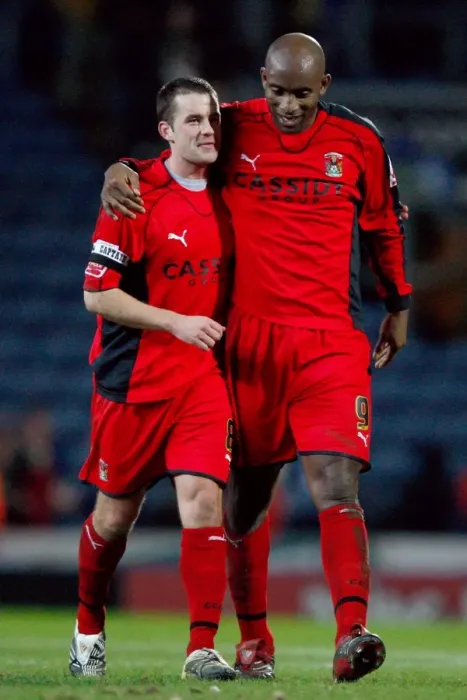 Framed Print : Coventry City Football Club: Michael Doyle and Dele Adebola Celebrate FA Cup Upset Against Blackburn Rovers (05-01-2008) Framed Print : Coventry City Football Club: Michael Doyle and Dele Adebola Celebrate FA Cup Upset Against Blackburn Rovers (05-01-2008)