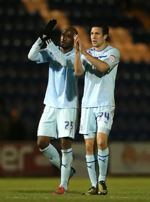 Framed Print : Coventry City Football Club: Richard Wood and William Edjenguele Celebrate Npower League One Win with Fans Framed Print : Coventry City Football Club: Richard Wood and William Edjenguele Celebrate Npower League One Win with Fans