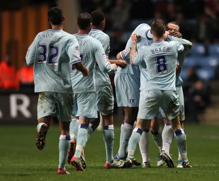 Framed Print : Coventry City: Gary Deegan's Euphoric Goal Celebration vs. Bristol City (Npower Championship, December 26, 2011, Ricoh Arena) Framed Print : Coventry City: Gary Deegan's Euphoric Goal Celebration vs. Bristol City (Npower Championship, December 26, 2011, Ricoh Arena)