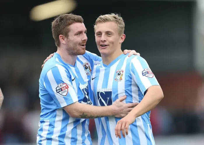 Framed Print : Coventry City: George Thomas and John Fleck's Unlikely Celebration of an Own Goal (Sky Bet League One) Framed Print : Coventry City: George Thomas and John Fleck's Unlikely Celebration of an Own Goal (Sky Bet League One)