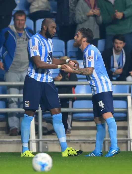 Framed Print : Coventry City: Johnson and Vincelot Celebrate First Goal Against Southend United (Sky Bet League One) Framed Print : Coventry City: Johnson and Vincelot Celebrate First Goal Against Southend United (Sky Bet League One)