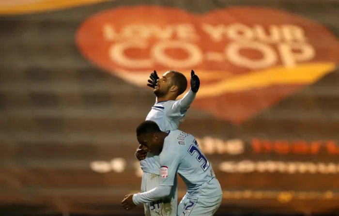 Framed Print : Coventry City: McGoldrick and Moussa Celebrate Historic Third Goal vs Colchester United (Npower League One, 2011-2012)