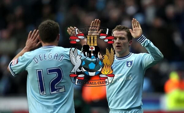 Coventry City: McSheffrey and Deegan Celebrate Goal Against Middlesbrough in Npower Championship (21-01-2012, Ricoh Arena)