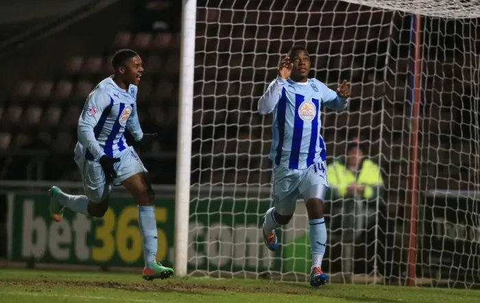 Framed Print : Coventry City: Moussa and Akpom Celebrate Opening Goal in Sky Bet League One Match Against Carlisle United Framed Print : Coventry City: Moussa and Akpom Celebrate Opening Goal in Sky Bet League One Match Against Carlisle United
