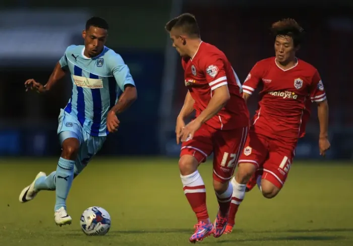 Framed Print : Coventry City vs. Cardiff City: Jordan Clarke Tackles Declan John and Kim Bo-Kyung in Capital One Cup First Round Framed Print : Coventry City vs. Cardiff City: Jordan Clarke Tackles Declan John and Kim Bo-Kyung in Capital One Cup First Round