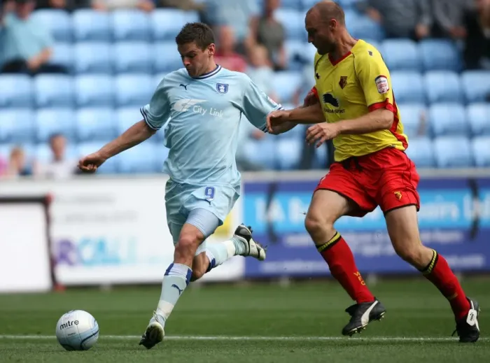 Framed Print : Coventry City vs. Watford: Clash between Lukas Jutkiewicz and Martin Taylor in the Npower Championship (20-08-2011, Ricoh Arena)