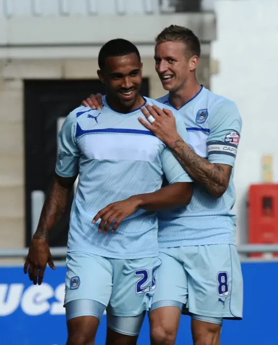 Framed Print : Coventry City: Wilson and Baker Celebrate Double Strike vs Colchester United (Sky Bet Football League One, 2013) Framed Print : Coventry City: Wilson and Baker Celebrate Double Strike vs Colchester United (Sky Bet Football League One, 2013)