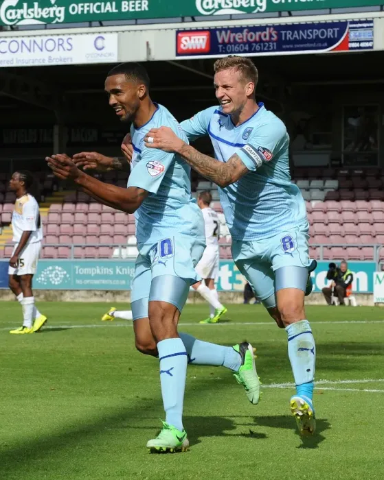 Framed Print : Coventry City: Wilson and Baker Celebrate First Goal in Sky Bet Football League One Win Against Colchester United (08-09-2013) Framed Print : Coventry City: Wilson and Baker Celebrate First Goal in Sky Bet Football League One Win Against Colchester United (08-09-2013)