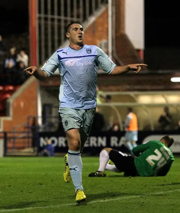 Framed Print : Coventry City's Callum Ball Scores Second Goal in Johnstones Paint Trophy Match Against York City