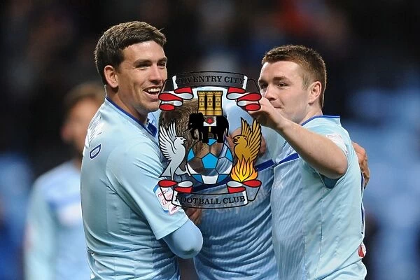 Coventry City's Carl Baker Scores Brace: Triumphant Celebration with Cody McDonald and John Fleck in Npower League One Match vs. Walsall (Ricoh Arena)