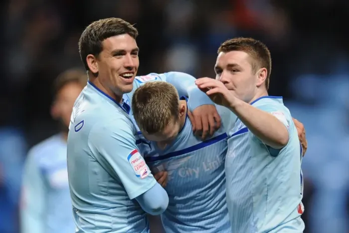 Framed Print : Coventry City's Carl Baker Scores Brace: Triumphant Celebration with Cody McDonald and John Fleck in Npower League One Match vs. Walsall (Ricoh Arena) Framed Print : Coventry City's Carl Baker Scores Brace: Triumphant Celebration with Cody McDonald and John Fleck in Npower League One Match vs. Walsall (Ricoh Arena)