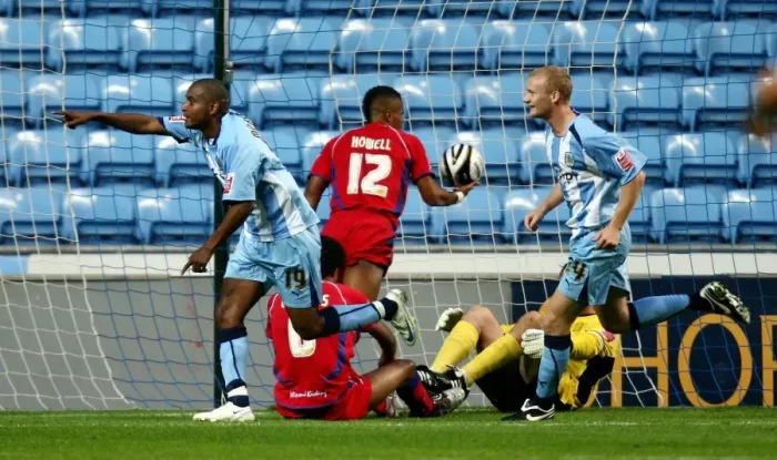 Framed Print : Coventry City's Clinton Morrison Celebrates First Goal Against Aldershot Town in Carling Cup Round 1 (2008) Framed Print : Coventry City's Clinton Morrison Celebrates First Goal Against Aldershot Town in Carling Cup Round 1 (2008)