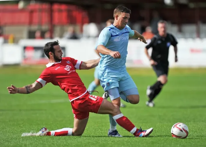 Framed Print : Coventry City's Cody McDonald Foul by Accrington Stanley's Lee Moleneux (Pre-Season Friendly) Framed Print : Coventry City's Cody McDonald Foul by Accrington Stanley's Lee Moleneux (Pre-Season Friendly)