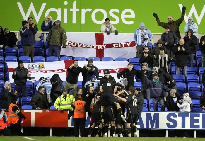 Framed Print : Coventry City's Daniel Fox Scores Opener: Celebrating with Team Mates and Fans at Reading's Madejski Stadium (Championship 2008) Framed Print : Coventry City's Daniel Fox Scores Opener: Celebrating with Team Mates and Fans at Reading's Madejski Stadium (Championship 2008)