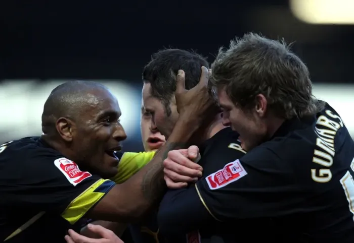 Framed Print : Coventry City's David Bell Celebrates Goal in FA Cup Third Round at Fratton Park Framed Print : Coventry City's David Bell Celebrates Goal in FA Cup Third Round at Fratton Park
