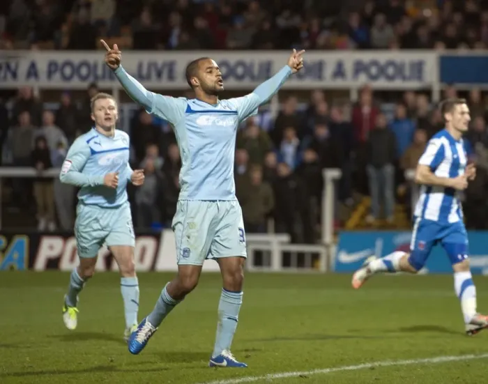 Framed Print : Coventry City's David McGoldrick: Double Delight as He Scores Second Goal Against Hartlepool United in Football League One Framed Print : Coventry City's David McGoldrick: Double Delight as He Scores Second Goal Against Hartlepool United in Football League One