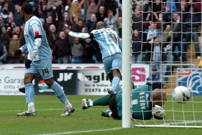 Framed Print : Coventry City's Dele Adebola Celebrates Goal Against Sheffield United in Coca-Cola Championship (11-03-2006) Framed Print : Coventry City's Dele Adebola Celebrates Goal Against Sheffield United in Coca-Cola Championship (11-03-2006)