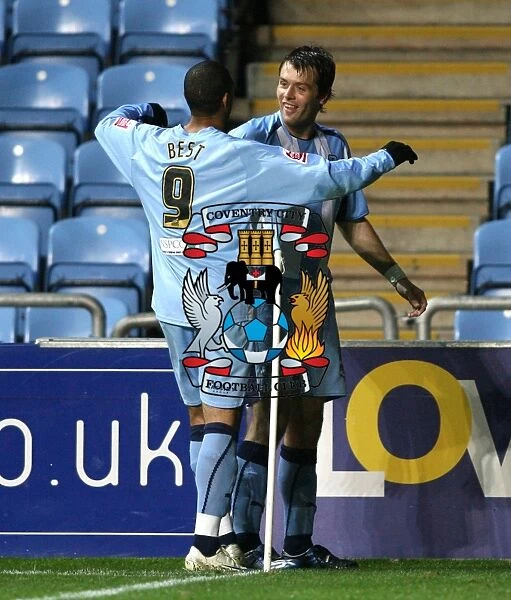 Coventry City's Elliott Ward and Leon Best Celebrate Penalty Goal Against Burnley in Championship Match (21-10-2008)