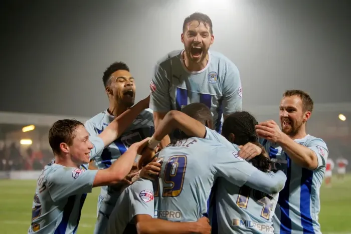 Framed Print : Coventry City's Exultant League One Victory Celebration at Fleetwood Town's Highbury Stadium Framed Print : Coventry City's Exultant League One Victory Celebration at Fleetwood Town's Highbury Stadium