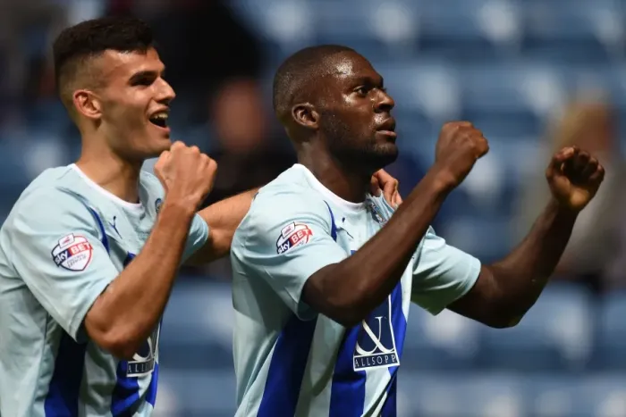 Framed Print : Coventry City's Frank Nouble and Conor Thomas: Celebrating the Opening Goal in Sky Bet League One Match vs Gillingham at Ricoh Arena Framed Print : Coventry City's Frank Nouble and Conor Thomas: Celebrating the Opening Goal in Sky Bet League One Match vs Gillingham at Ricoh Arena