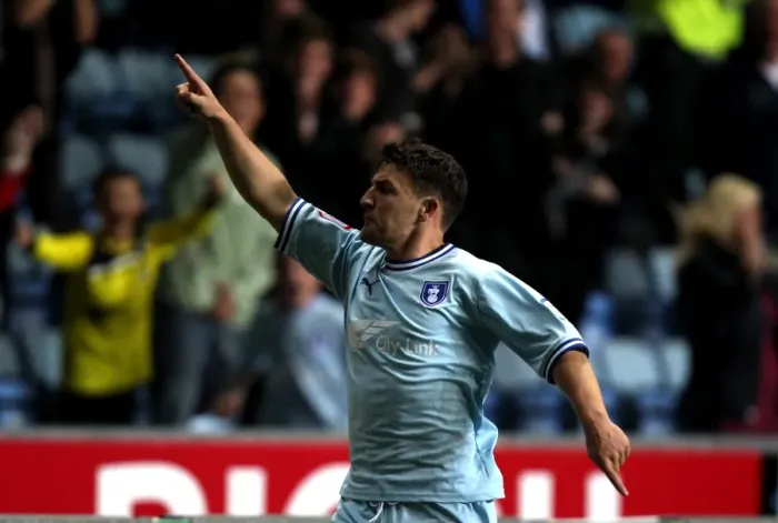 Framed Print : Coventry City's Gary Deegan Celebrates Second Goal Against Blackpool in Championship Match (September 27, 2011, Ricoh Arena) Framed Print : Coventry City's Gary Deegan Celebrates Second Goal Against Blackpool in Championship Match (September 27, 2011, Ricoh Arena)
