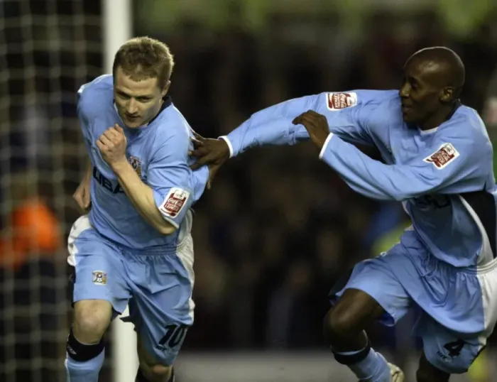 Framed Print : Coventry City's Gary McSheffrey and Lloyd Dyer Celebrate Penalty Goal Against Nottingham Forest in Coca-Cola Championship (06-04-2005) Framed Print : Coventry City's Gary McSheffrey and Lloyd Dyer Celebrate Penalty Goal Against Nottingham Forest in Coca-Cola Championship (06-04-2005)