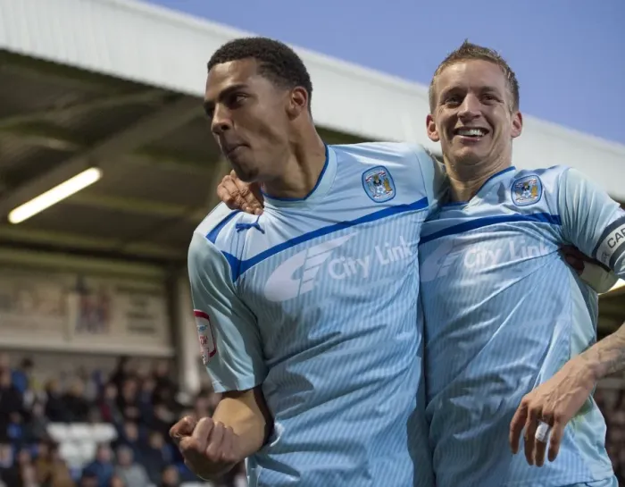 Framed Print : Coventry City's Glory: Franck Moussa and Carl Baker's Euphoric Celebration after Scoring the Third Goal vs Hartlepool United in Football League One Framed Print : Coventry City's Glory: Franck Moussa and Carl Baker's Euphoric Celebration after Scoring the Third Goal vs Hartlepool United in Football League One