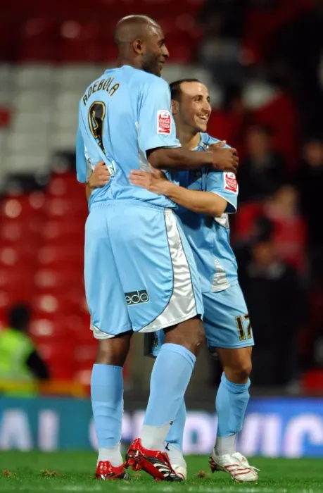 Framed Print : Coventry City's Historic Double Victory: Dele Adebola and Michael Mifsud Celebrate Upset Over Manchester United in Carling Cup (September 26, 2007) Framed Print : Coventry City's Historic Double Victory: Dele Adebola and Michael Mifsud Celebrate Upset Over Manchester United in Carling Cup (September 26, 2007)