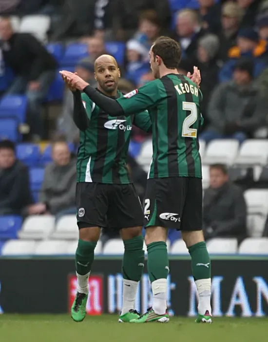 Framed Print : Coventry City's Marlon King and Richard Keogh Celebrate First Goal in FA Cup Fourth Round Against Birmingham City (January 2011) Framed Print : Coventry City's Marlon King and Richard Keogh Celebrate First Goal in FA Cup Fourth Round Against Birmingham City (January 2011)