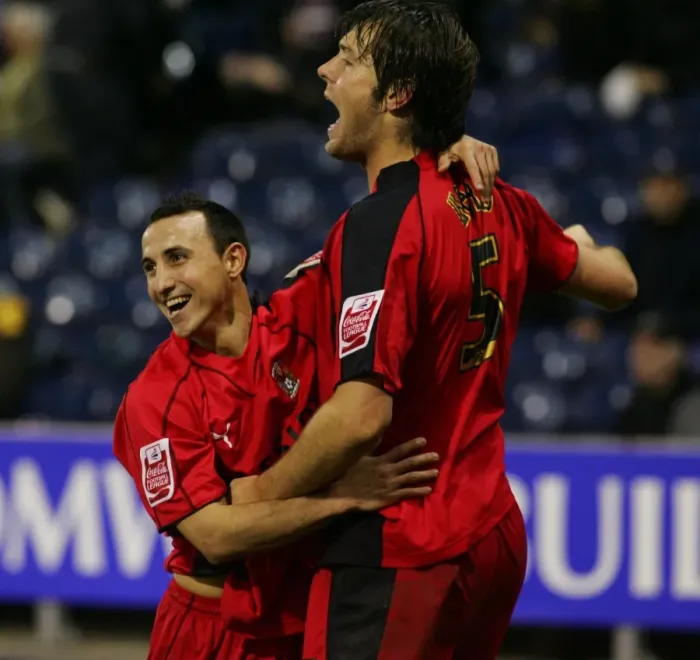 Framed Print : Coventry City's Michael Mifsud and Elliott Ward Celebrate Goals Against West Bromwich Albion in Coca-Cola Championship Match