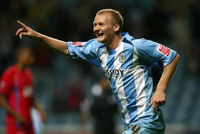 Framed Print : Coventry City's Robbie Simpson Celebrates Third Goal Against Aldershot Town in Carling Cup Round 1 (2008) Framed Print : Coventry City's Robbie Simpson Celebrates Third Goal Against Aldershot Town in Carling Cup Round 1 (2008)