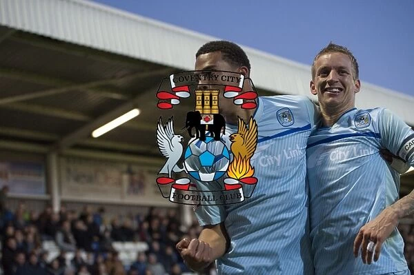 Coventry City's Triumph: Franck Moussa and Carl Baker's Euphoric Moment after Scoring the Third Goal vs. Hartlepool United in Football League One