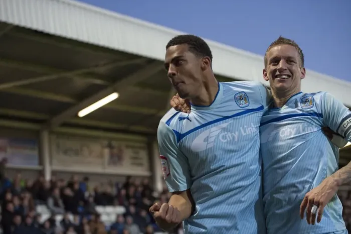 Framed Print : Coventry City's Triumph: Franck Moussa and Carl Baker's Euphoric Moment after Scoring the Third Goal vs. Hartlepool United in Football League One