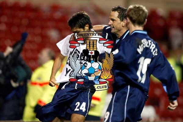 Coventry City's Triumphant Moment: Juan Sara, Dean Holdsworth, and Gary McSheffrey Celebrate Equalizing Goal vs. Nottingham Forest (January 18, 2003)