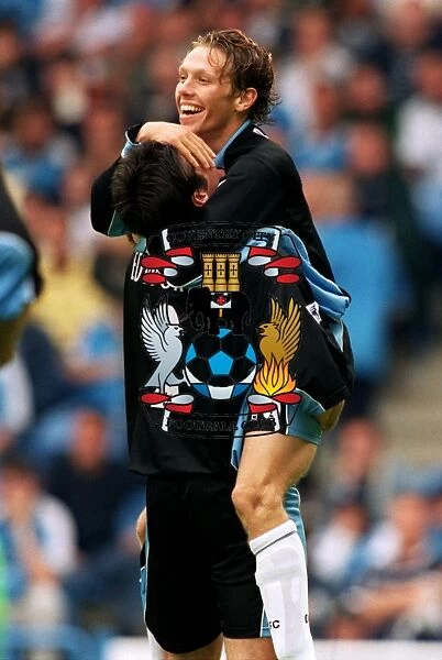 Craig Bellamy and Marc Edworthy Celebrate Goal for Coventry City against Manchester City (FA Carling Premiership, 2000)