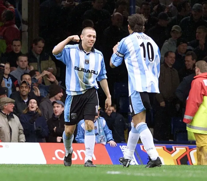 Framed Print : Craig Bellamy and Moustapha Hadji: Celebrating Coventry City's First Goal Against Leicester City (07-04-2001) Framed Print : Craig Bellamy and Moustapha Hadji: Celebrating Coventry City's First Goal Against Leicester City (07-04-2001)