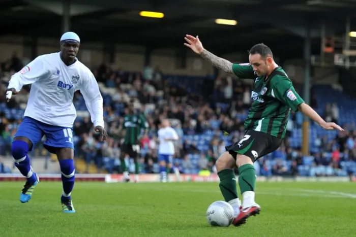 Framed Print : David Bell's Shot at Glory: Coventry City's Carling Cup Opener at Bury's Gigg Lane (09-08-2011) Framed Print : David Bell's Shot at Glory: Coventry City's Carling Cup Opener at Bury's Gigg Lane (09-08-2011)