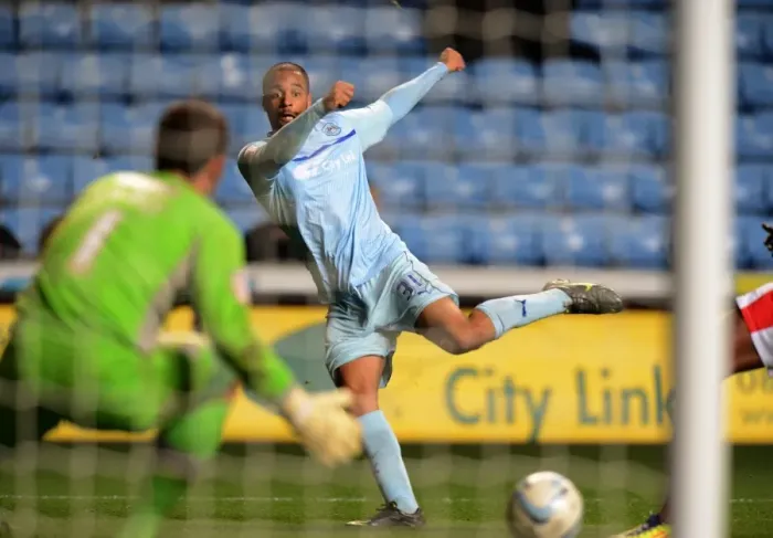 Framed Print : David McGoldrick's Determined Shot: Coventry City vs Crawley Town, Npower League One, Ricoh Arena Framed Print : David McGoldrick's Determined Shot: Coventry City vs Crawley Town, Npower League One, Ricoh Arena