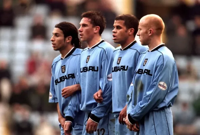 Framed Print : Defensive Stand: Chippo, Mills, Hall, Hughes - Coventry City FC vs. Watford (09-12-2001) Framed Print : Defensive Stand: Chippo, Mills, Hall, Hughes - Coventry City FC vs. Watford (09-12-2001)