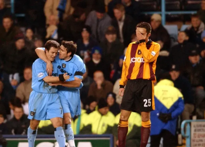 Framed Print : Dejected Etherington as Thompson Celebrates: Coventry City's Second Goal vs. Bradford City (23-12-2001) Framed Print : Dejected Etherington as Thompson Celebrates: Coventry City's Second Goal vs. Bradford City (23-12-2001)
