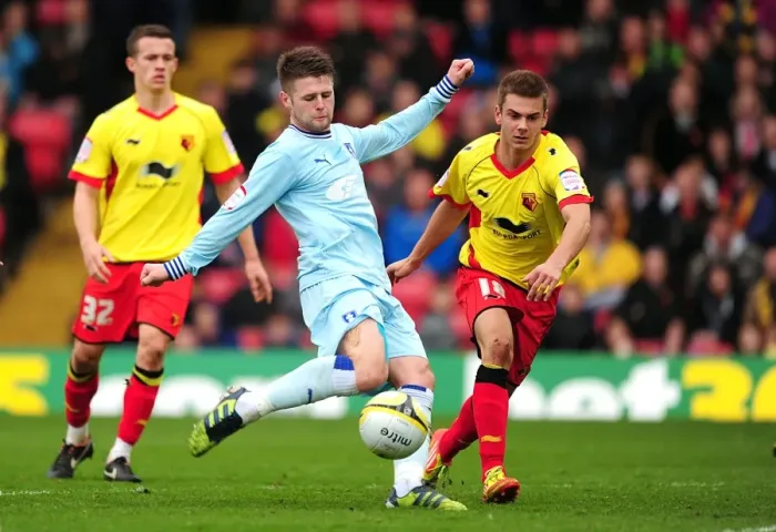 Framed Print : Determined Norwood: Coventry City's Star Midfielder Battles Past Watford's Defensive Pressure for a Shot on Goal Framed Print : Determined Norwood: Coventry City's Star Midfielder Battles Past Watford's Defensive Pressure for a Shot on Goal