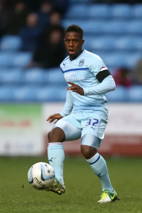Framed Print : Determined Strike: Coventry City's Franck Moussa Scores Against Shrewsbury Town in Npower League One at Ricoh Arena (2013) Framed Print : Determined Strike: Coventry City's Franck Moussa Scores Against Shrewsbury Town in Npower League One at Ricoh Arena (2013)
