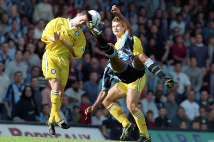 Framed Print : Dion Dublin's Epic Leap: Coventry City vs Leeds United, 90s Football Rivalry (Gary Kelly Hangs On) Framed Print : Dion Dublin's Epic Leap: Coventry City vs Leeds United, 90s Football Rivalry (Gary Kelly Hangs On)