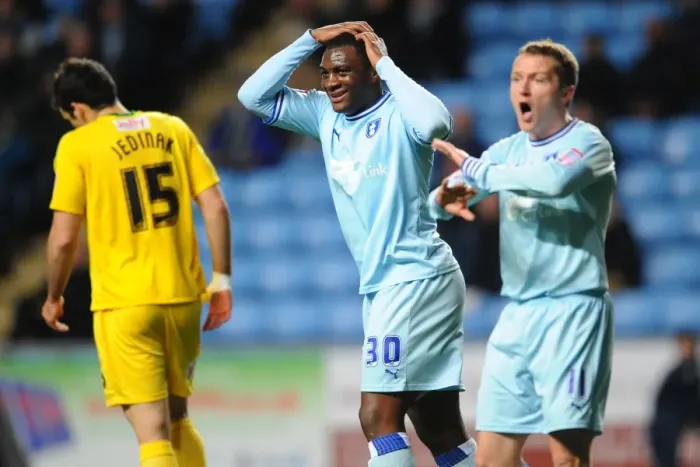 Framed Print : Disappointment and Determination: Coventry City's McSheffrey and Cameron After Missed Chance vs. Crystal Palace Framed Print : Disappointment and Determination: Coventry City's McSheffrey and Cameron After Missed Chance vs. Crystal Palace
