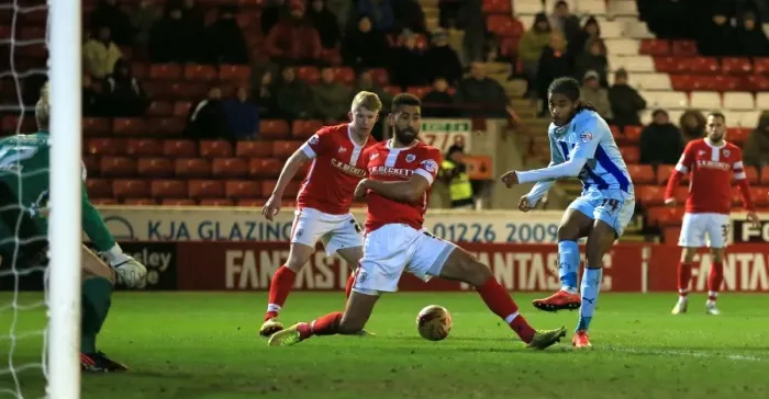 Framed Print : Dominic Samuel's Powerful Shot: Coventry City vs Barnsley in Sky Bet League One at Oakwell