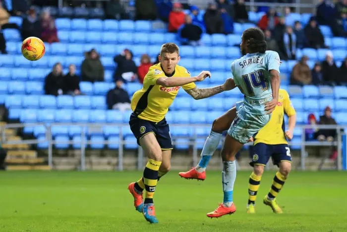 Framed Print : Dominic Samuel's Powerful Shot: Coventry City vs Rochdale (Sky Bet League One)