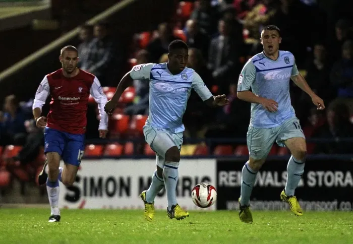 Framed Print : Franck Moussa in Action: Coventry City's Victory in Johnstone's Paint Trophy Northern Section (York City vs Coventry City) Framed Print : Franck Moussa in Action: Coventry City's Victory in Johnstone's Paint Trophy Northern Section (York City vs Coventry City)