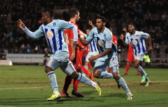 Framed Print : Franck Moussa Scores His Second: Coventry City's Victory Over Crawley Town in Sky Bet League One (January 12, 2014, Sixfields Stadium) Framed Print : Franck Moussa Scores His Second: Coventry City's Victory Over Crawley Town in Sky Bet League One (January 12, 2014, Sixfields Stadium)