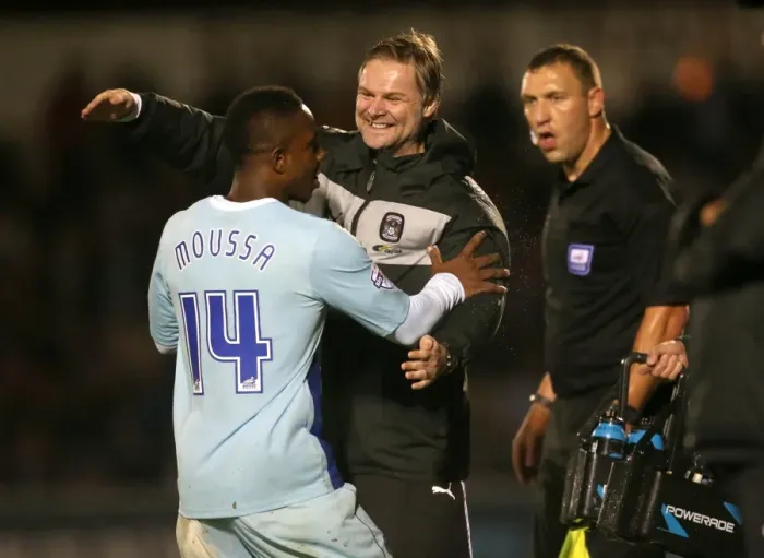 Framed Print : Franck Moussa's Stunner: Coventry City Manager Steven Pressley Celebrates Framed Print : Franck Moussa's Stunner: Coventry City Manager Steven Pressley Celebrates